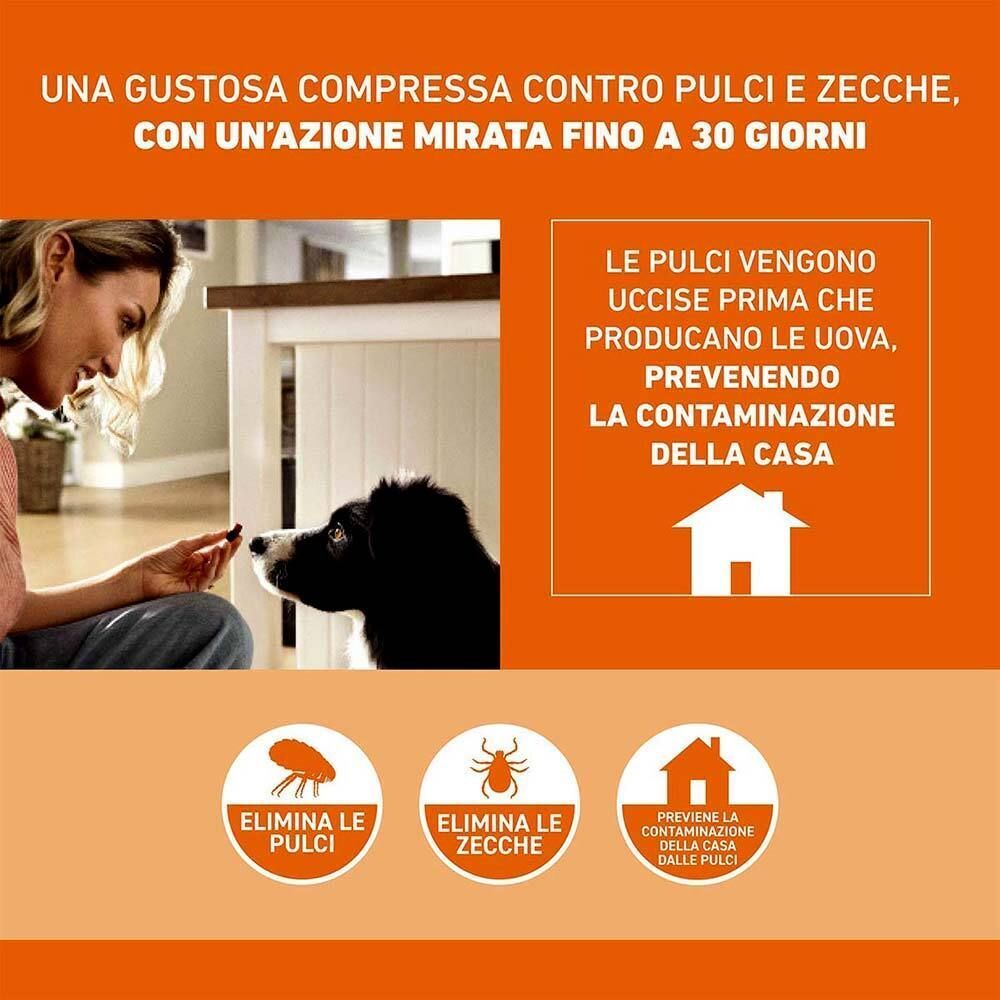 Donna che dà una compressa al cane. Testo: Uccide pulci e zecche, previene la contaminazione della casa.