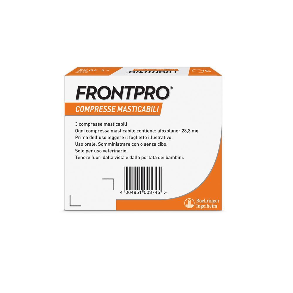 Retro della confezione FRONTPRO. Testo: 3 compresse masticabili, principio attivo, istruzioni per l'uso, logo del produttore.