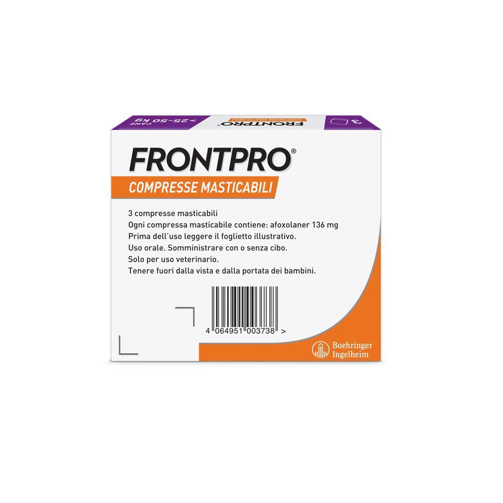 Retro della confezione FRONTPRO. Contiene informazioni sugli ingredienti e le istruzioni. Testo in italiano.