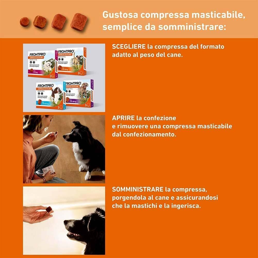 Illustrazioni sull'amministrazione di compresse masticabili ai cani. Mostra la selezione, l'apertura e la somministrazione della compressa.