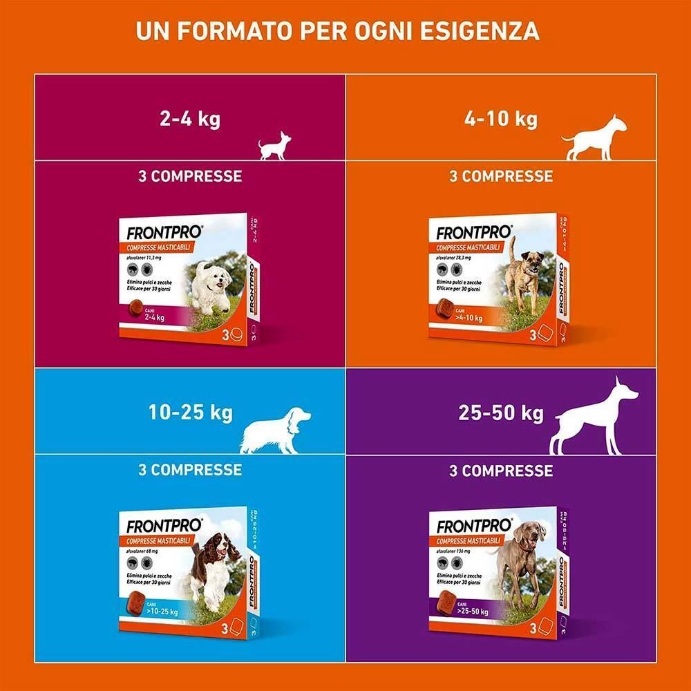 Diverse dimensioni di confezioni di FRONTPRO per cani. Taglie per 2-4 kg, 4-10 kg, 10-25 kg e 25-50 kg.