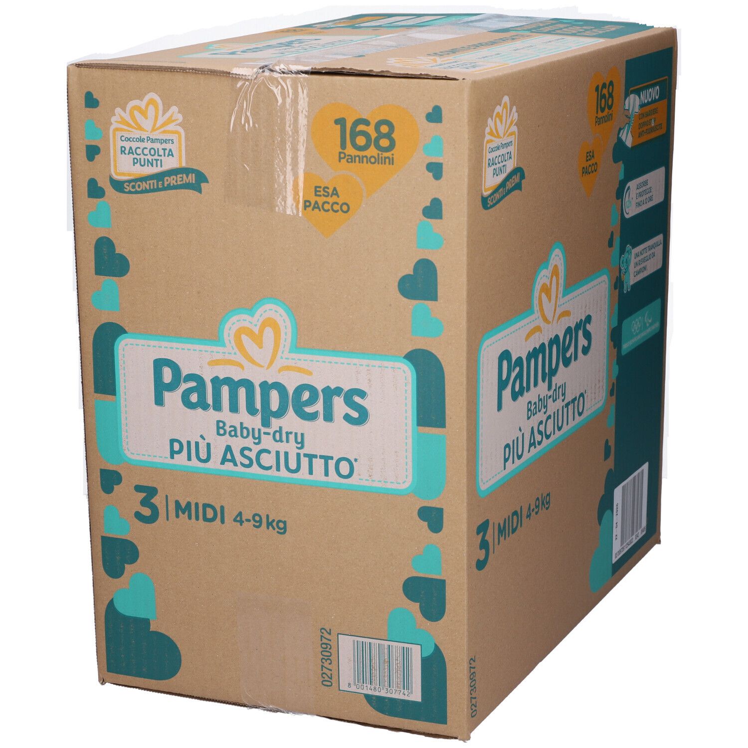 Scatola di pannolini Pampers Baby-dry. Scritto: 168 pannolini, Midi, 4-9 kg. Confezione con informazioni.