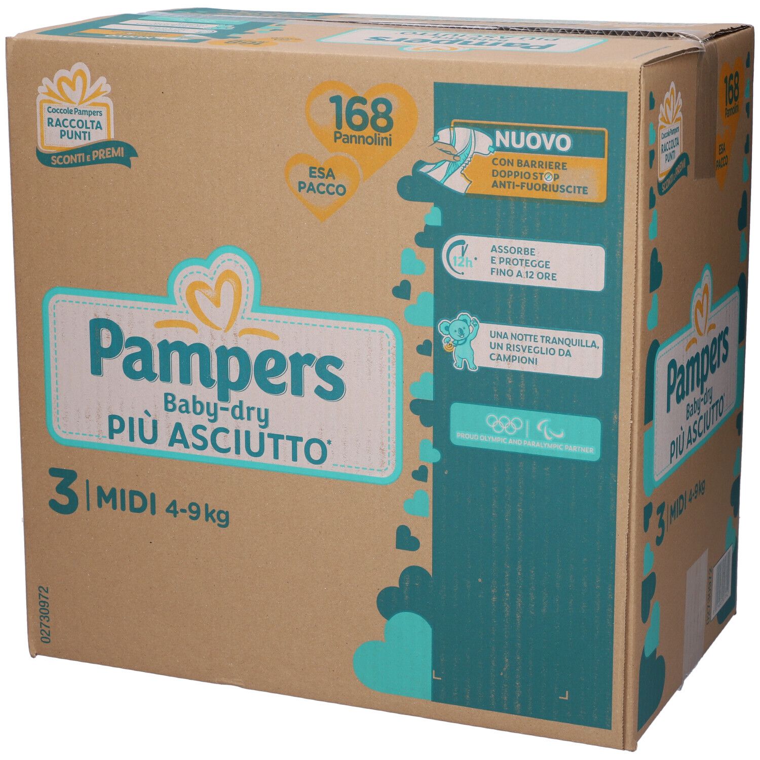 Scatola di pannolini Pampers Baby-dry. Scritto: 168 pannolini, Midi, 4-9 kg. Confezione con informazioni.