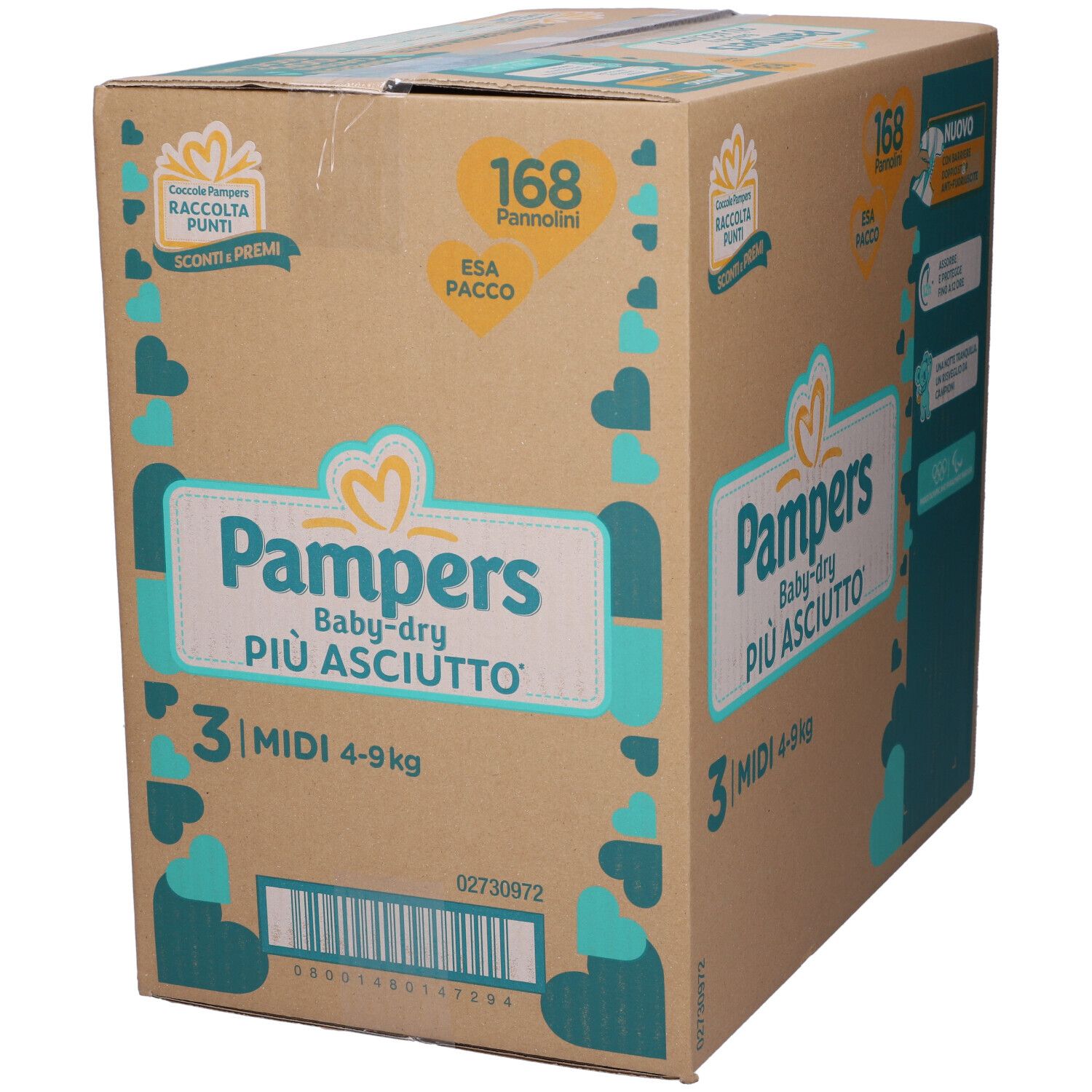 Scatola di pannolini Pampers Baby-dry. Scritto: 168 pannolini, Midi, 4-9 kg. Confezione con informazioni.