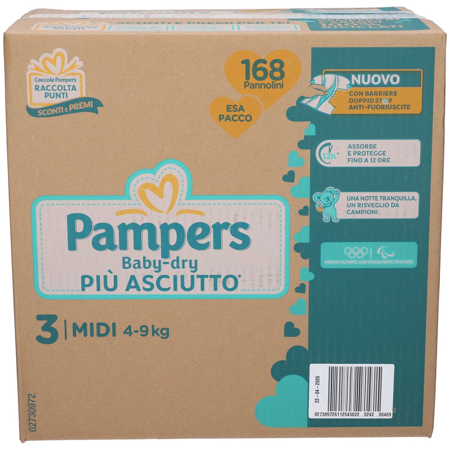 Scatola di pannolini Pampers Baby-dry. Scritto: 168 pannolini, Midi, 4-9 kg. Confezione con informazioni.