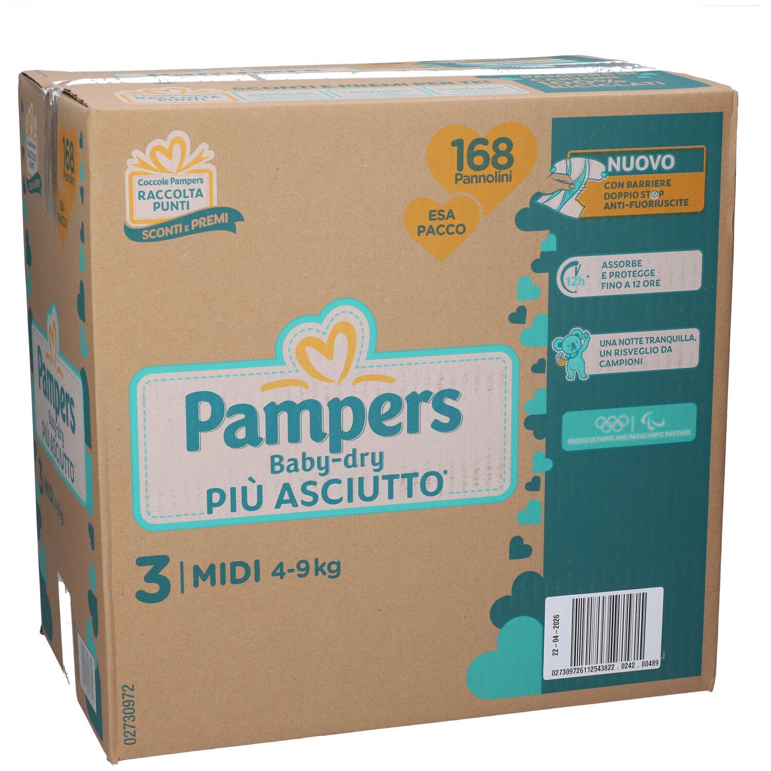 Scatola di pannolini Pampers Baby-dry. Scritto: 168 pannolini, Midi, 4-9 kg. Confezione con informazioni.