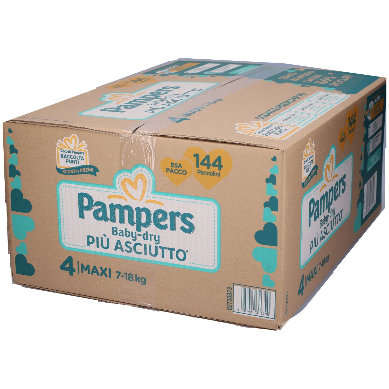 Scatola Pampers Baby-dry Maxi, 144 pezzi. Confezione con informazioni e logo. 4 Maxi, 7-18 kg.