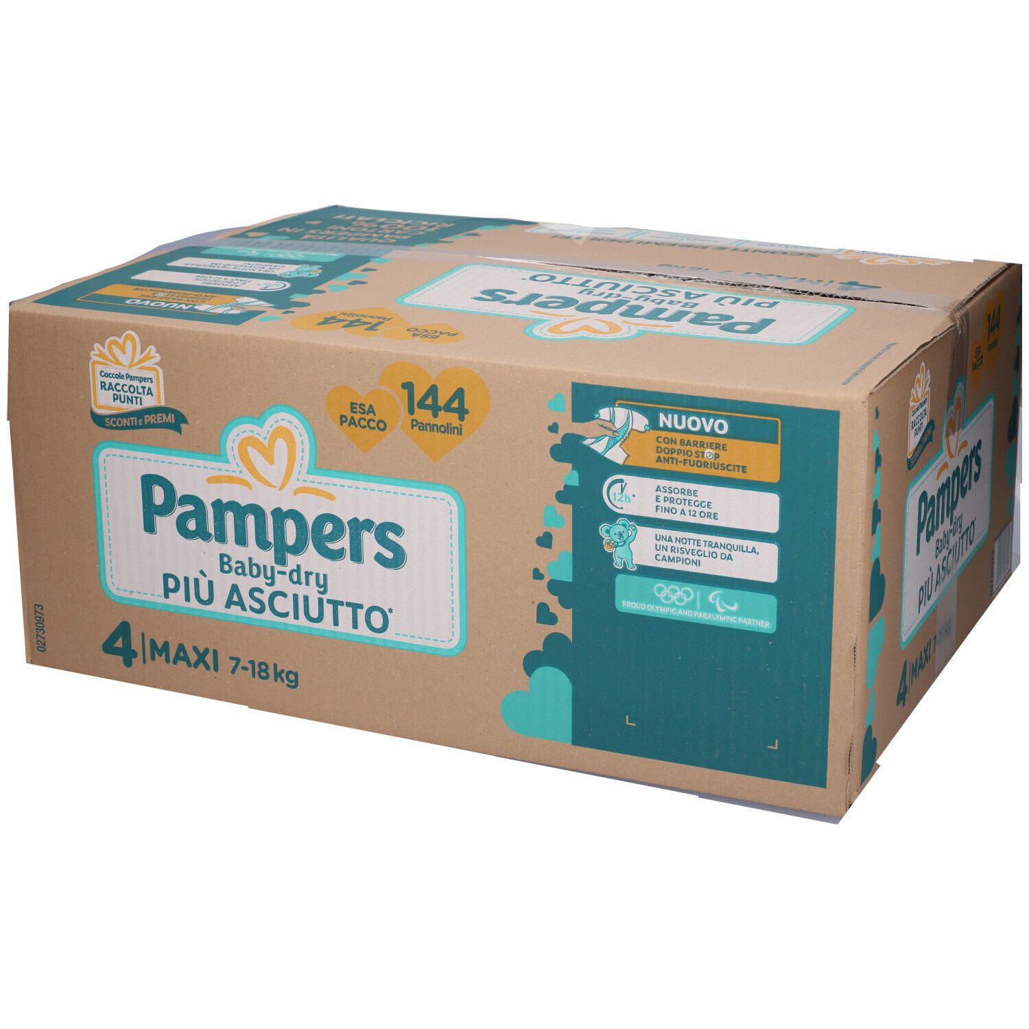 Scatola Pampers Baby-dry Maxi, 144 pezzi. Confezione con informazioni e logo. 4 Maxi, 7-18 kg.