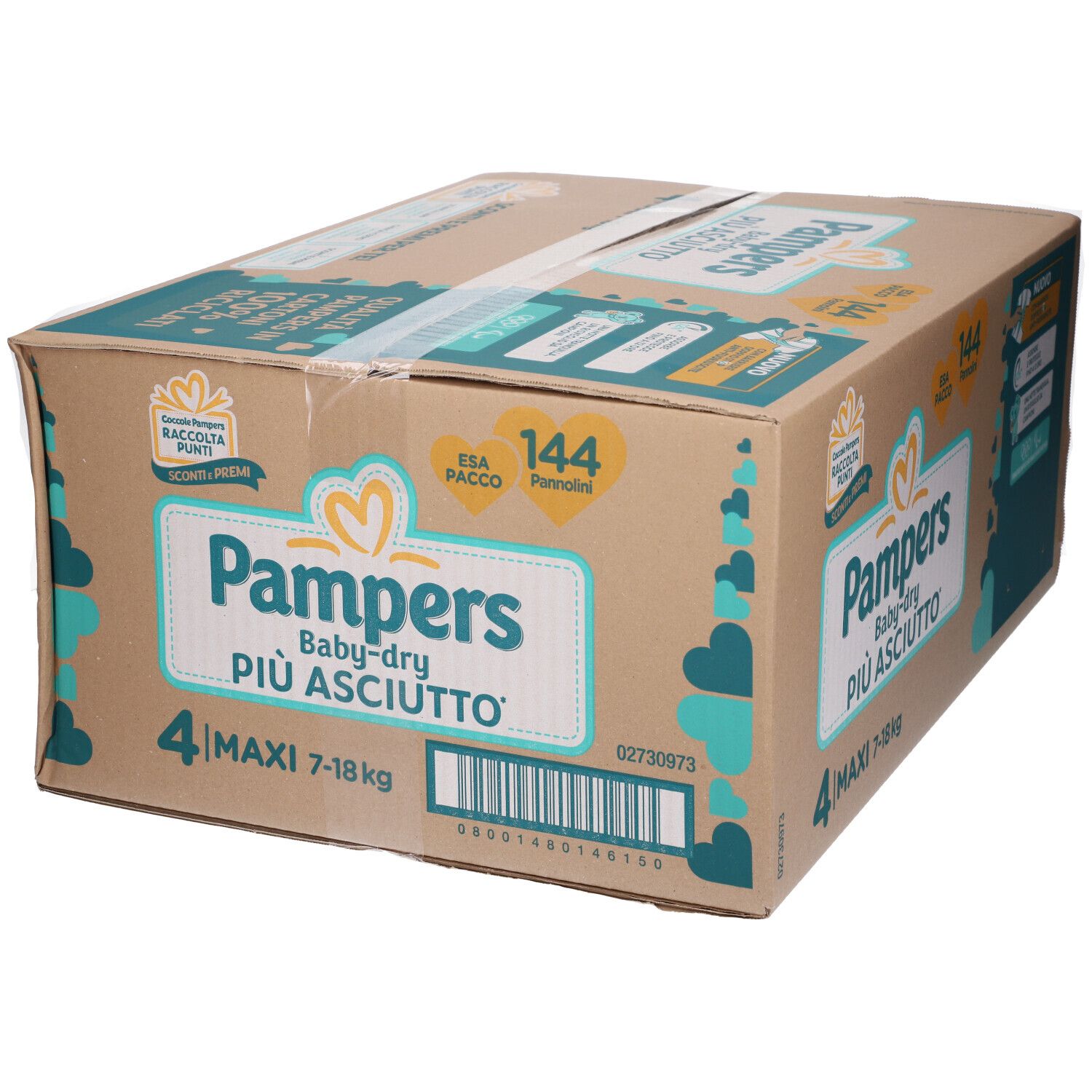 Scatola Pampers Baby-dry Maxi, 144 pezzi. Confezione con informazioni e logo. 4 Maxi, 7-18 kg.