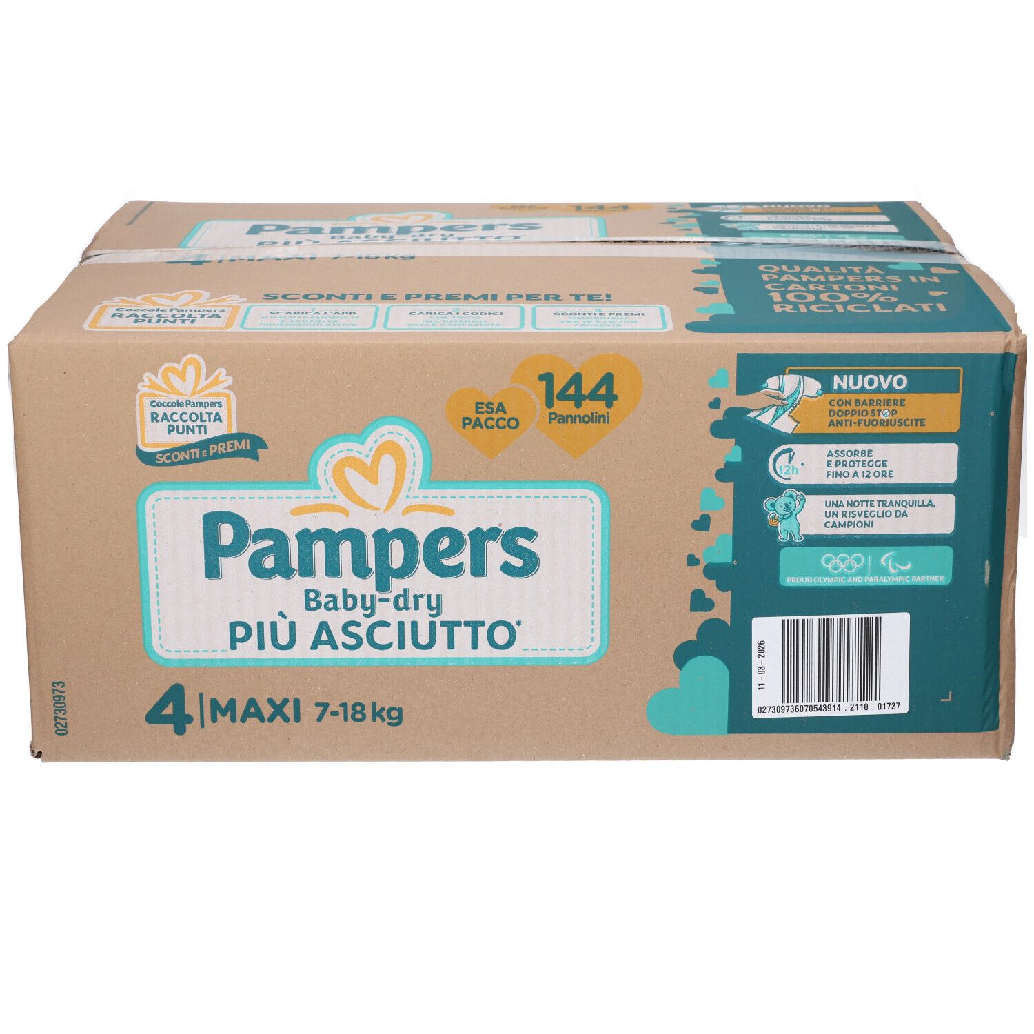 Scatola Pampers Baby-dry Maxi, 144 pezzi. Confezione con informazioni e logo. 4 Maxi, 7-18 kg.