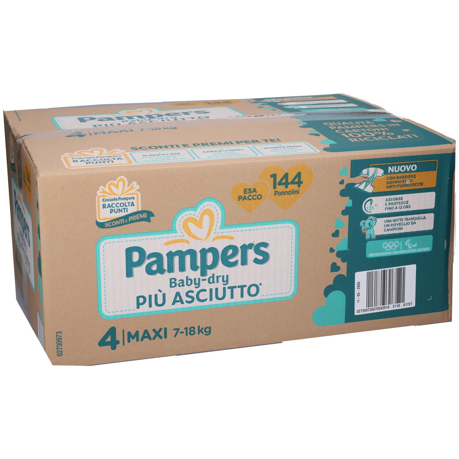 Scatola Pampers Baby-dry Maxi, 144 pezzi. Confezione con informazioni e logo. 4 Maxi, 7-18 kg.