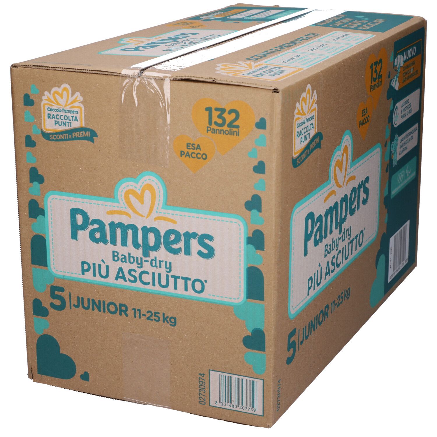 Scatola di pannolini Pampers Baby-dry Junior, taglia 5, 11-25 kg. Contiene 132 pannolini. Confezione con informazioni sul prodotto.
