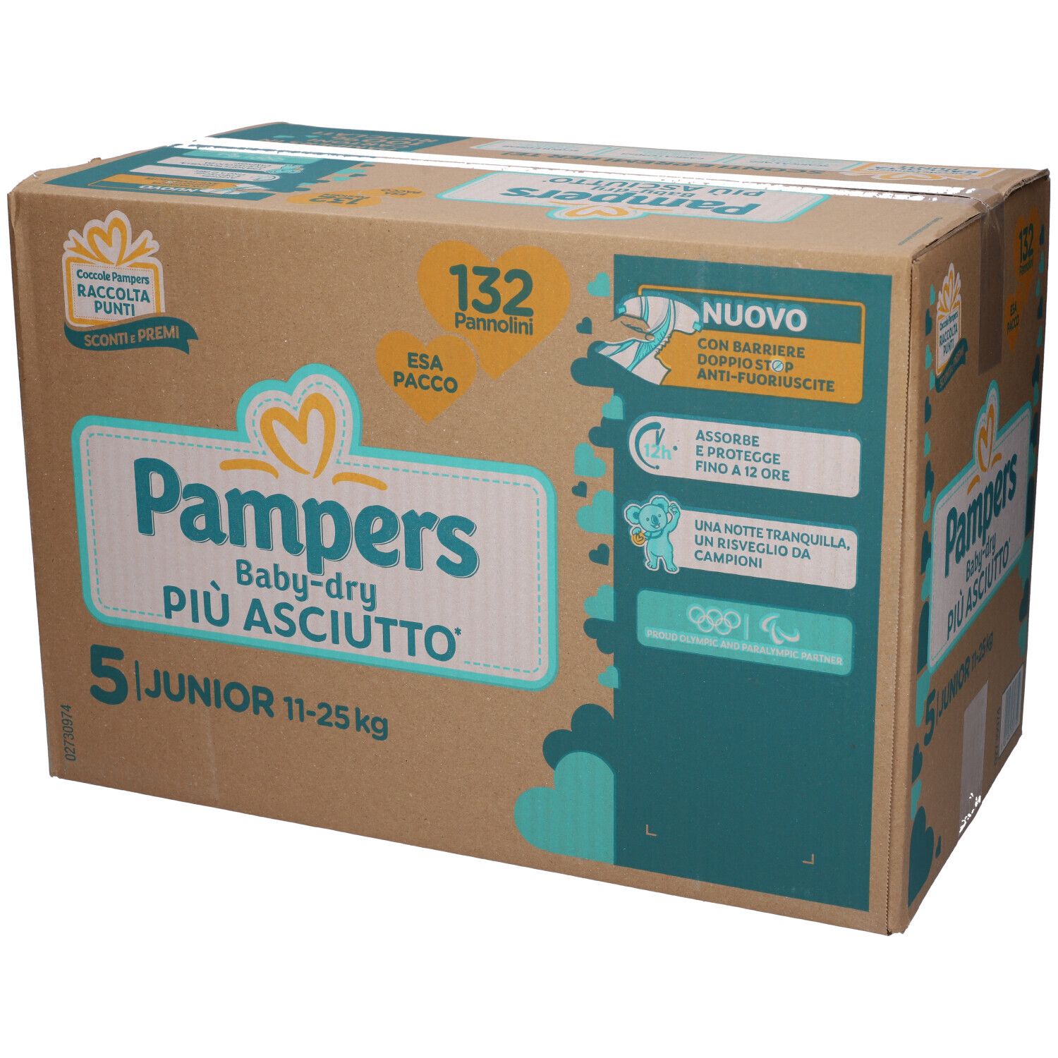 Scatola di pannolini Pampers Baby-dry Junior, taglia 5, 11-25 kg. Contiene 132 pannolini. Confezione con informazioni sul prodotto.