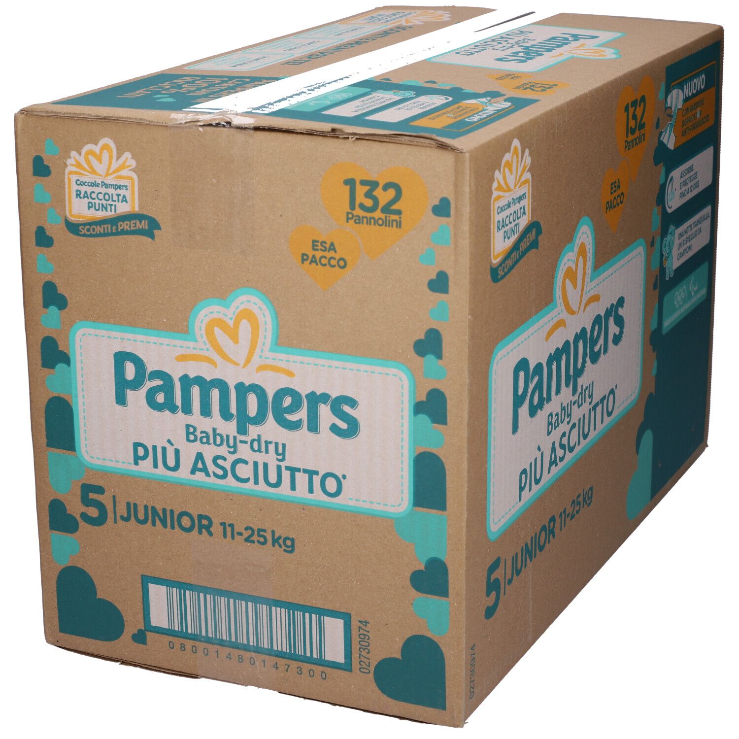 Scatola di pannolini Pampers Baby-dry Junior, taglia 5, 11-25 kg. Contiene 132 pannolini. Confezione con informazioni sul prodotto.