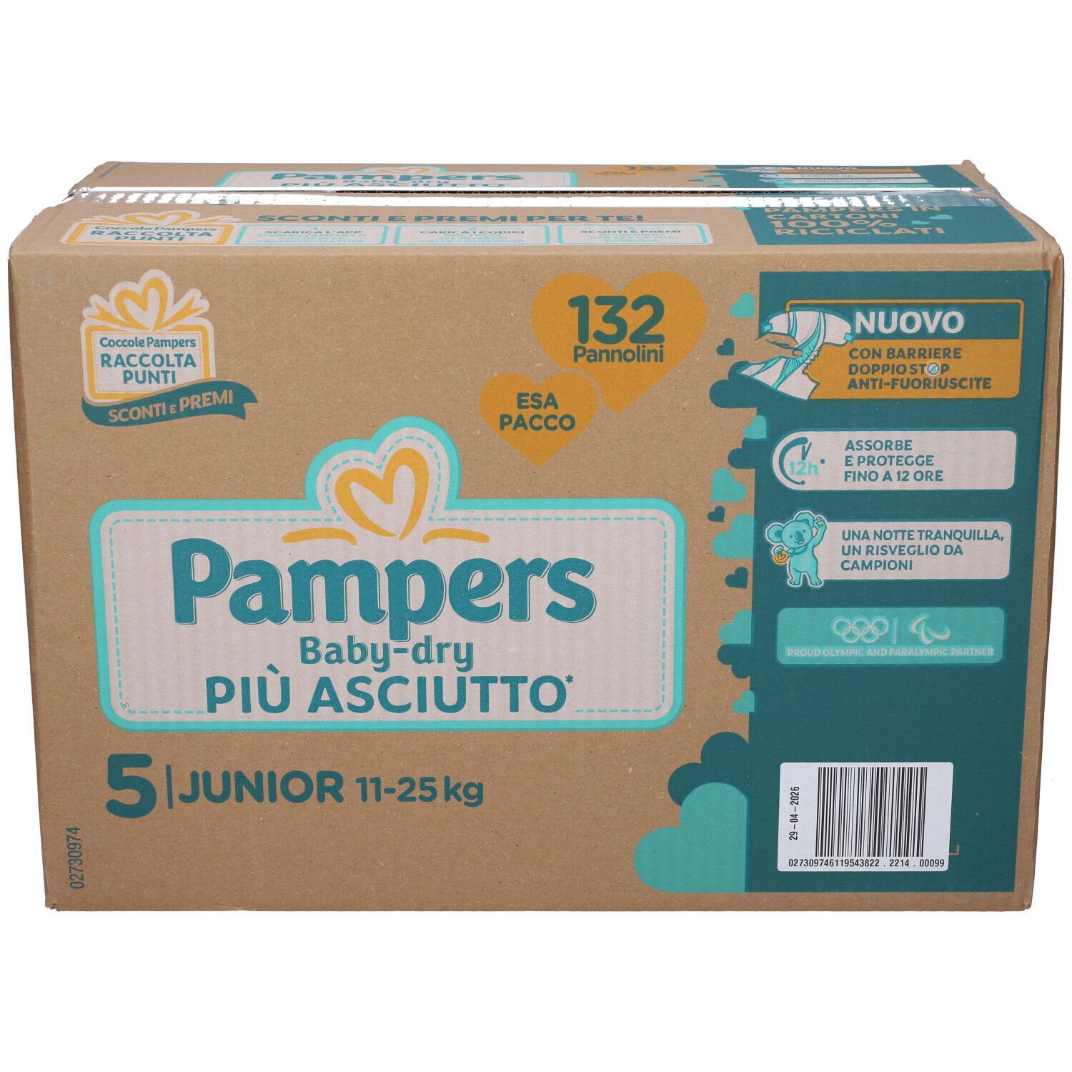 Scatola di pannolini Pampers Baby-dry Junior, taglia 5, 11-25 kg. Contiene 132 pannolini. Confezione con informazioni sul prodotto.