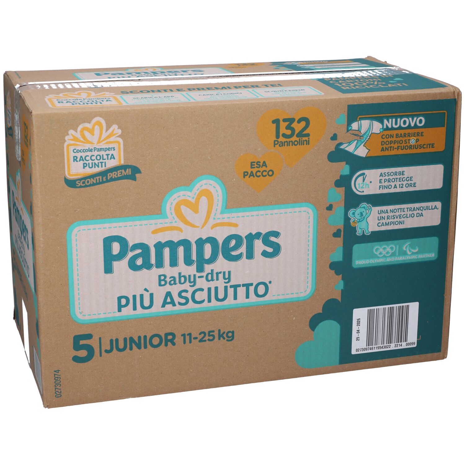 Scatola di pannolini Pampers Baby-dry Junior, taglia 5, 11-25 kg. Contiene 132 pannolini. Confezione con informazioni sul prodotto.