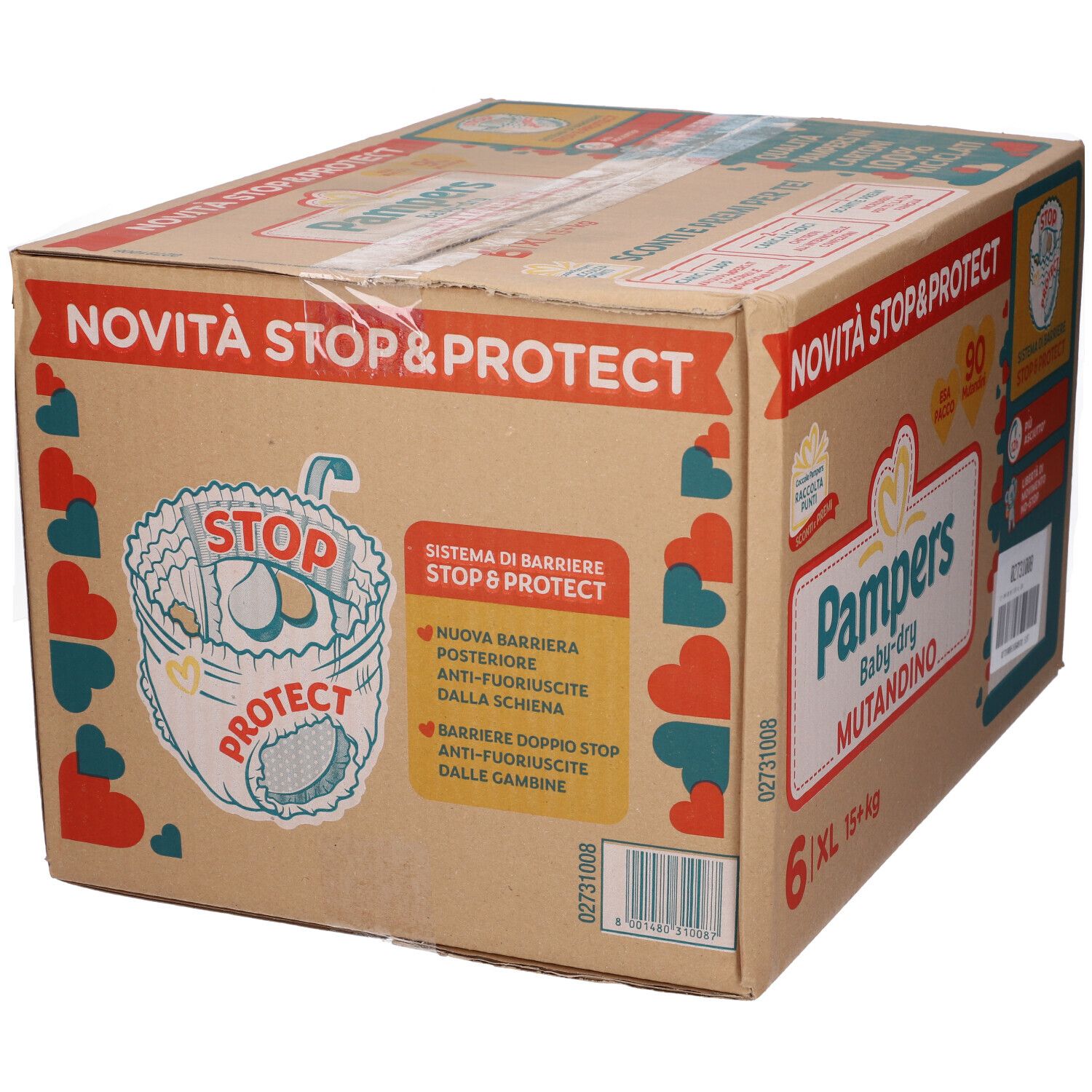 Scatola Pampers Baby-dry Mutandino Esa XL. Informazioni sul prodotto e logo sul cartone. Vista laterale.