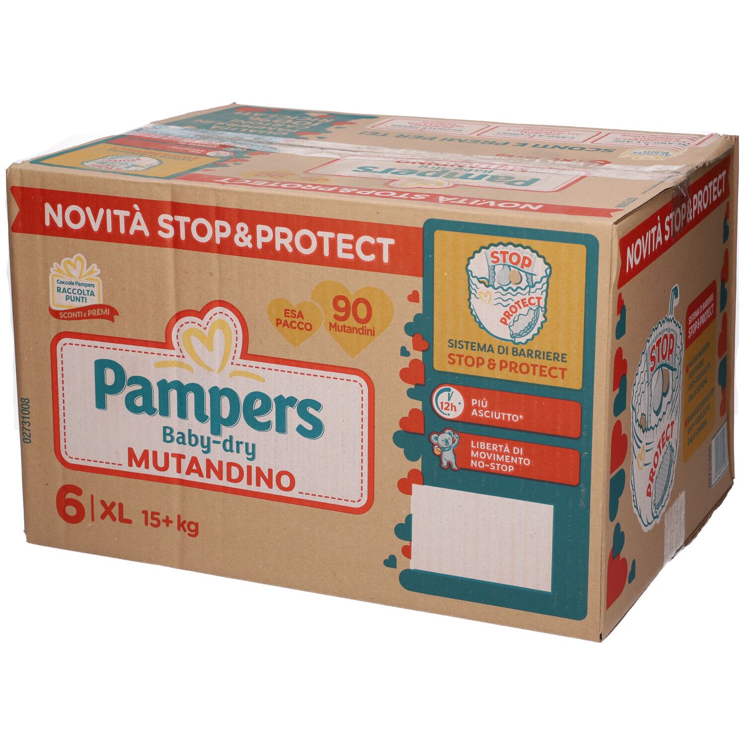 Scatola Pampers Baby-dry Mutandino Esa XL. Contiene 6 confezioni. Informazioni sul prodotto e logo sul cartone.