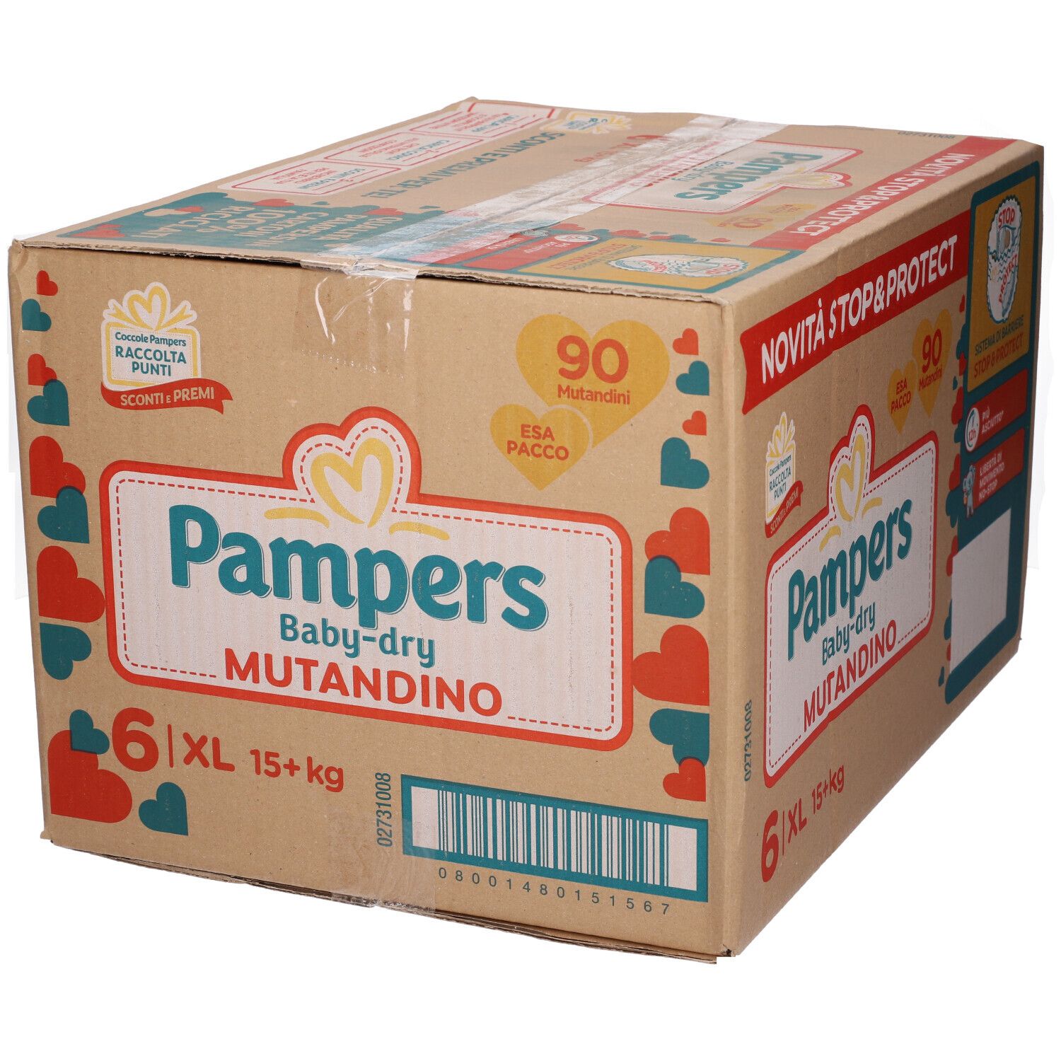 Scatola Pampers Baby-dry Mutandino Esa XL. Contiene 6 confezioni. Informazioni sul prodotto e logo sul cartone.