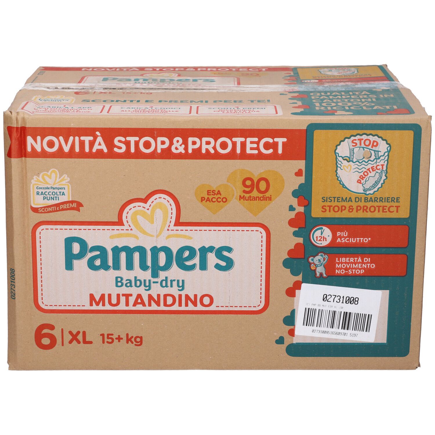 Scatola Pampers Baby-dry Mutandino Esa XL. Contiene 6 confezioni. Informazioni sul prodotto e logo sul cartone.