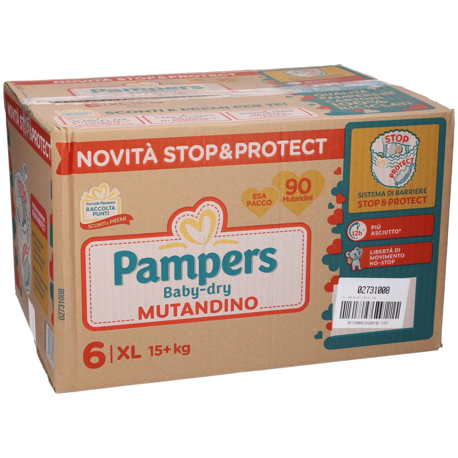 Scatola Pampers Baby-dry Mutandino Esa XL. Contiene 6 confezioni. Informazioni sul prodotto e logo sul cartone.
