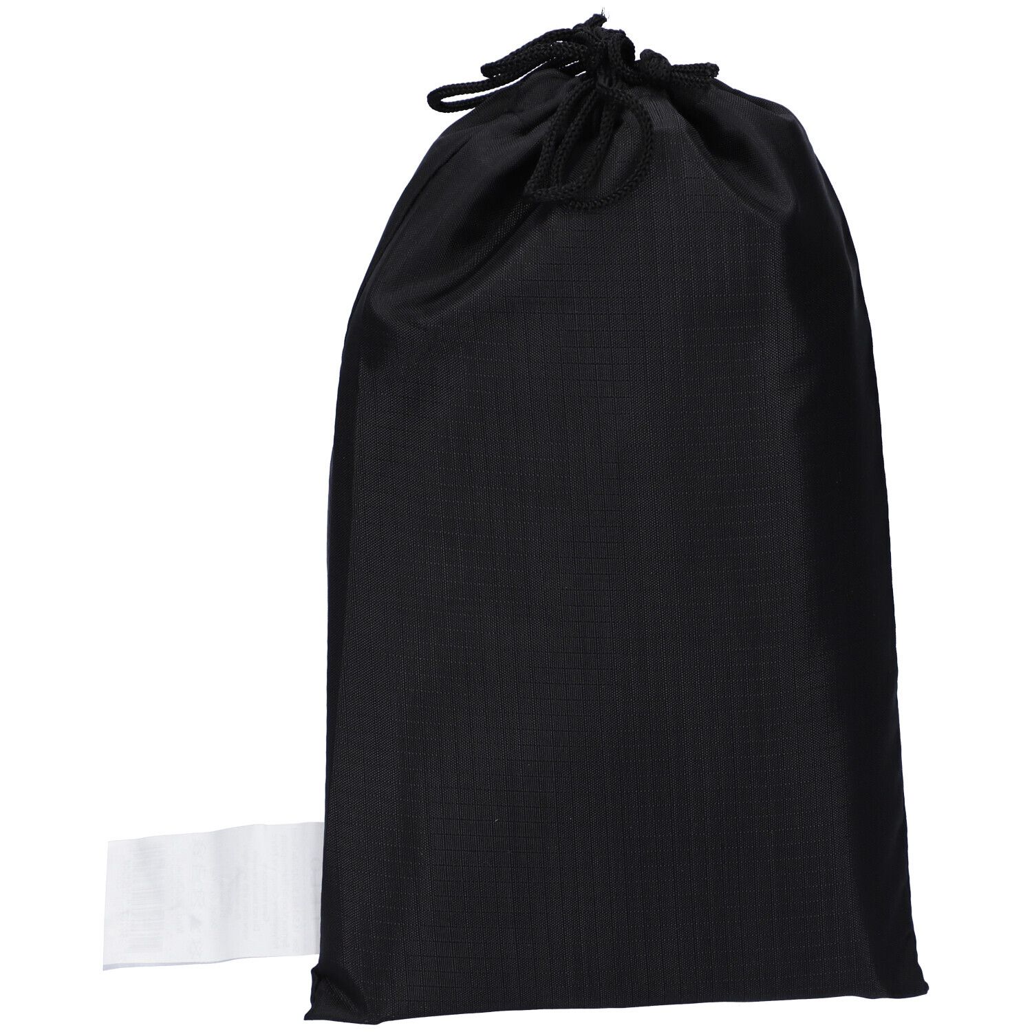 Sacchetto in tessuto nero con coulisse, chiuso. Un'etichetta bianca è attaccata lateralmente.