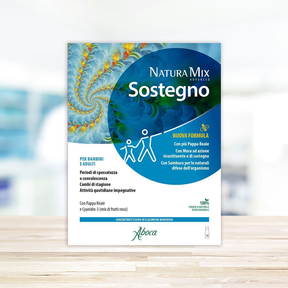 Primo piano della confezione del prodotto. Confezione blu con testo bianco, Natura Mix Advanced Sostegno, e illustrazioni.
