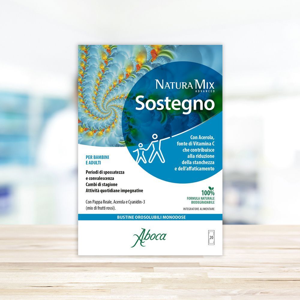 Aboca Natura Mix Advanced Sostegno, confezione singola. Confezione blu con nome del prodotto e illustrazione. 20 bustine.