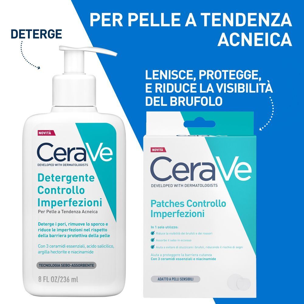 Detergente e cerotti CeraVe. Scritta: Detergente Controll Imperfezioni e Patches Controll Imperfezioni.