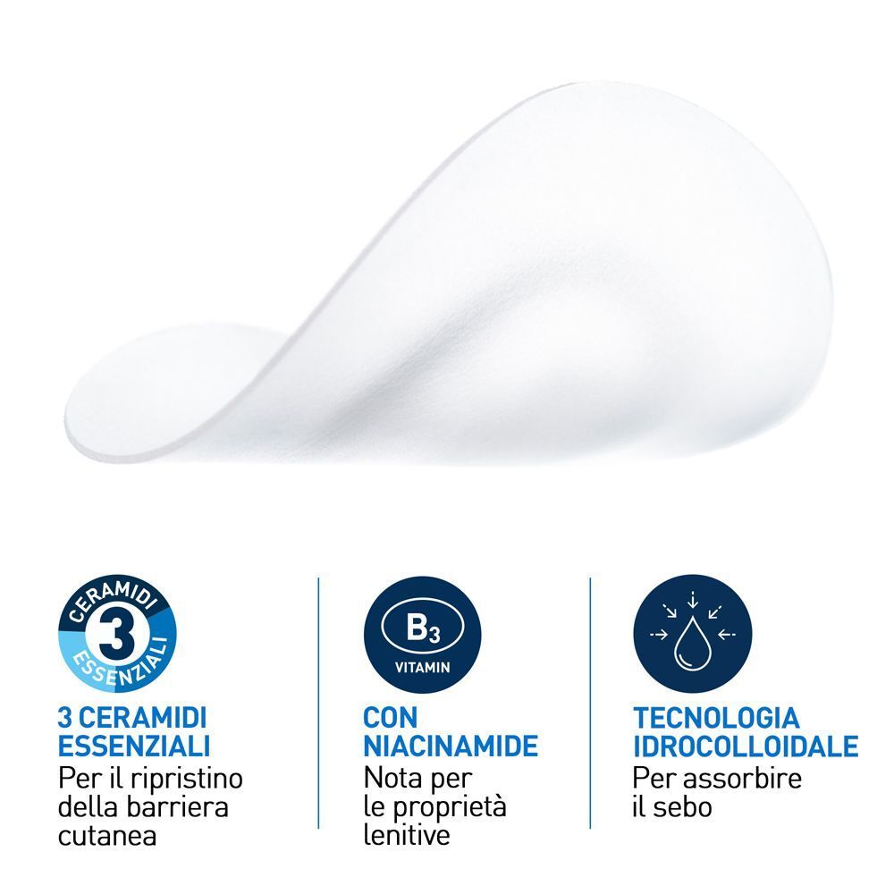 Prodotto bianco ovale con tre simboli: 3 ceramidi essenziali, niacinamide, tecnologia idrocolloidale.