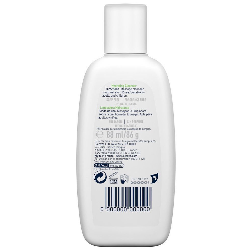 Flacone bianco con etichetta verde. Scritta: CeraVe Hydrating Cleanser. Retro con testo e codice a barre.