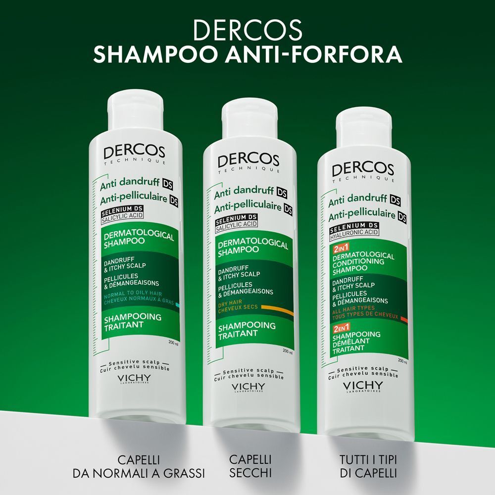 Tre flaconi di shampoo Vichy Dercos. Testo: « Capelli da normali a grassi ». « Capelli secchi ». « Tutti i tipi di capelli ».
