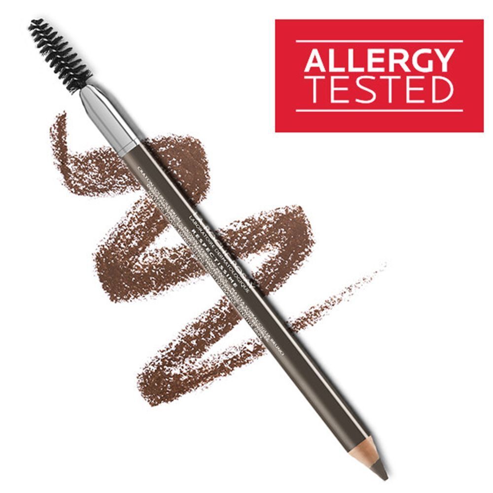Matita per sopracciglia con spazzola. Scritta: Allergy Tested. Tratti marroni.