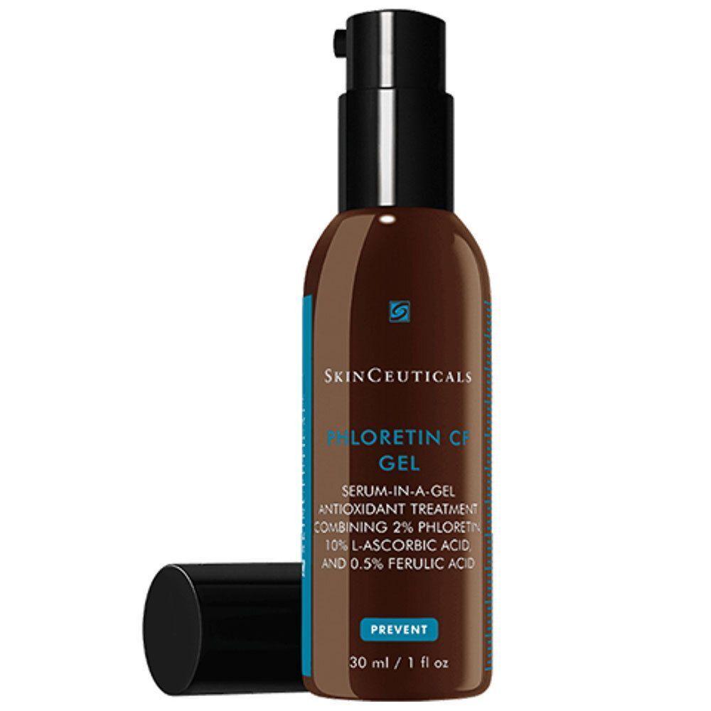 Flacone marrone con chiusura a pompa nera. L'etichetta riporta "SkinCeuticals Phloretin CF Gel". Il tappo è accanto.