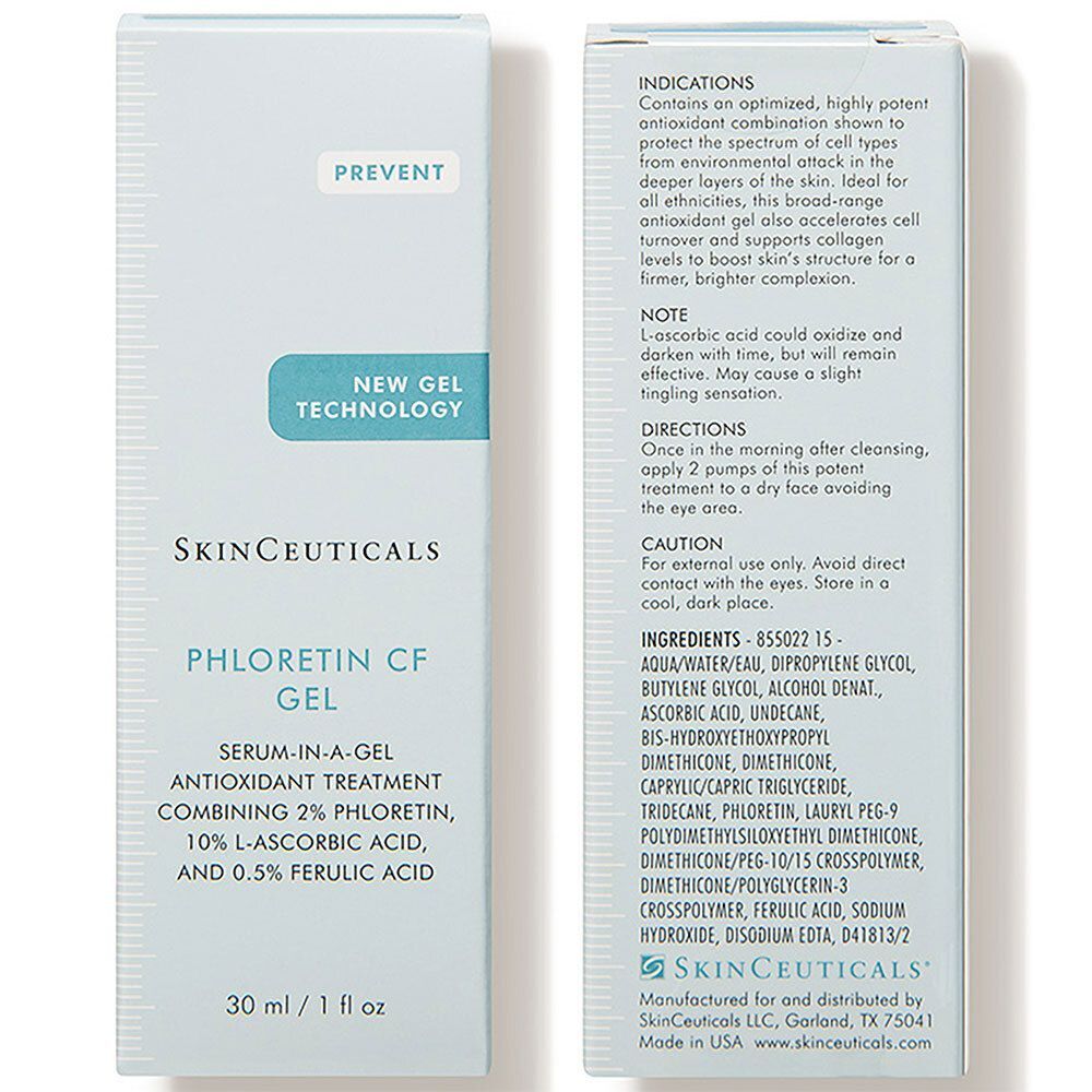 Scatola con informazioni sul prodotto. Sul davanti c'è scritto "SkinCeuticals Phloretin CF Gel". Sul retro istruzioni per l'uso e ingredienti.