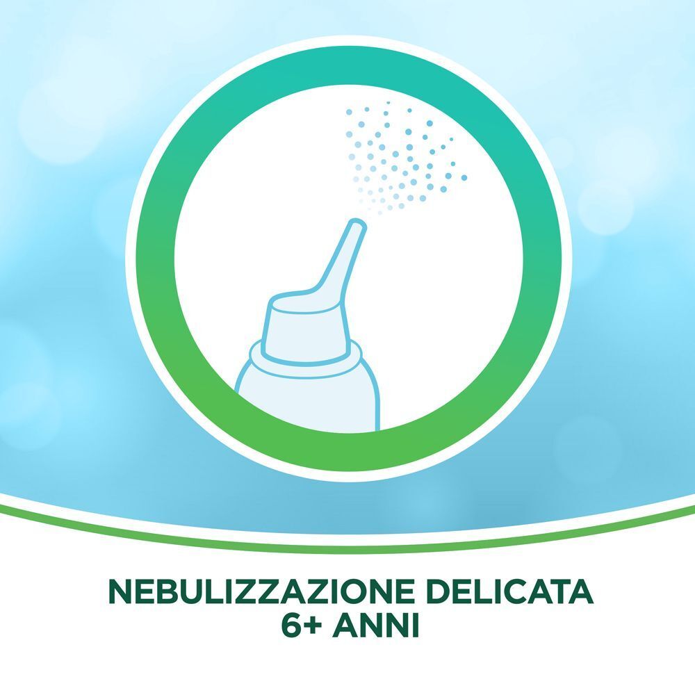 Illustrazione di uno spray nasale. Testo: Nebulizzazione delicata 6+ anni.