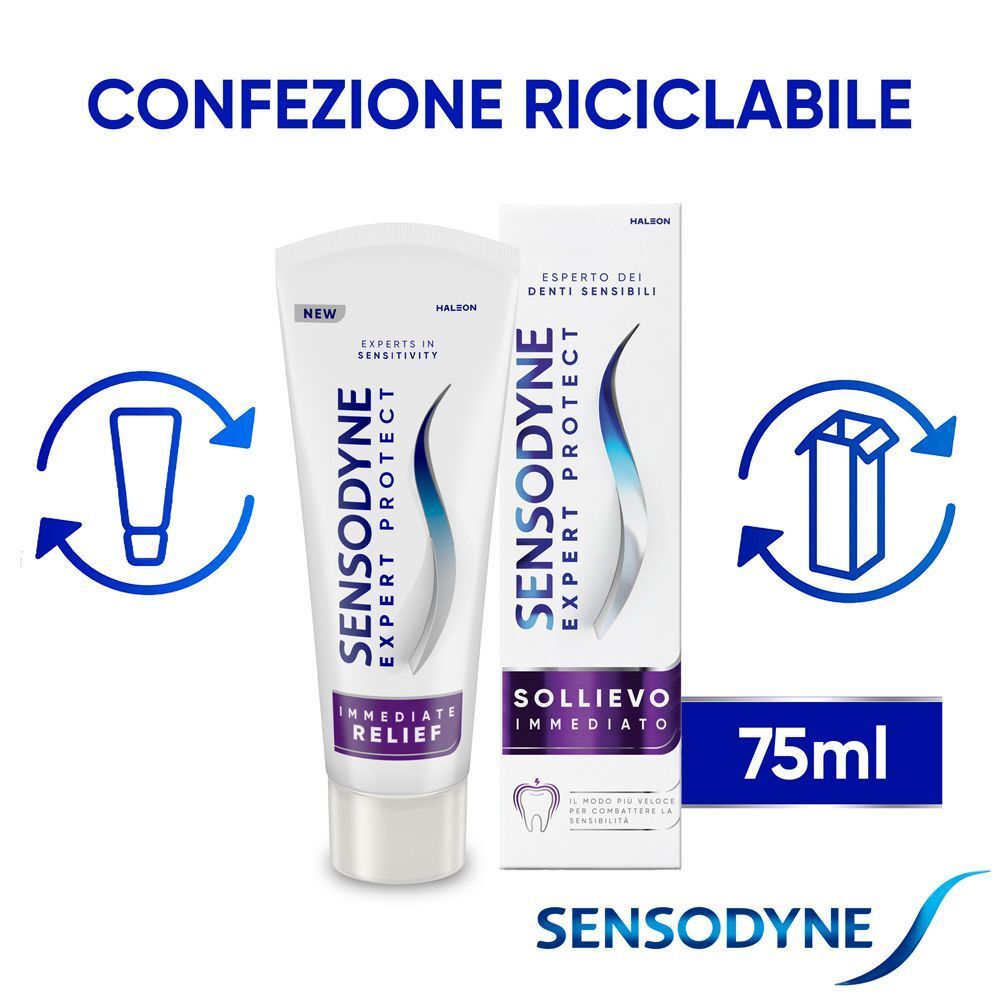 Tubo e confezione di dentifricio. Scritta: Sensodyne Expert Protect, Sollievo Immediato, 75ml. Simboli di riciclo.