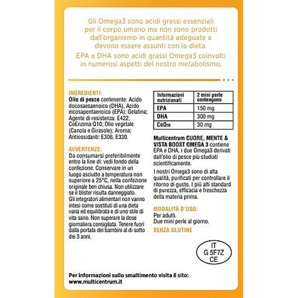 Retro della confezione Multicentrum Cuore Mente Vista Boost Omega 3. Testo con ingredienti e istruzioni per l'uso.