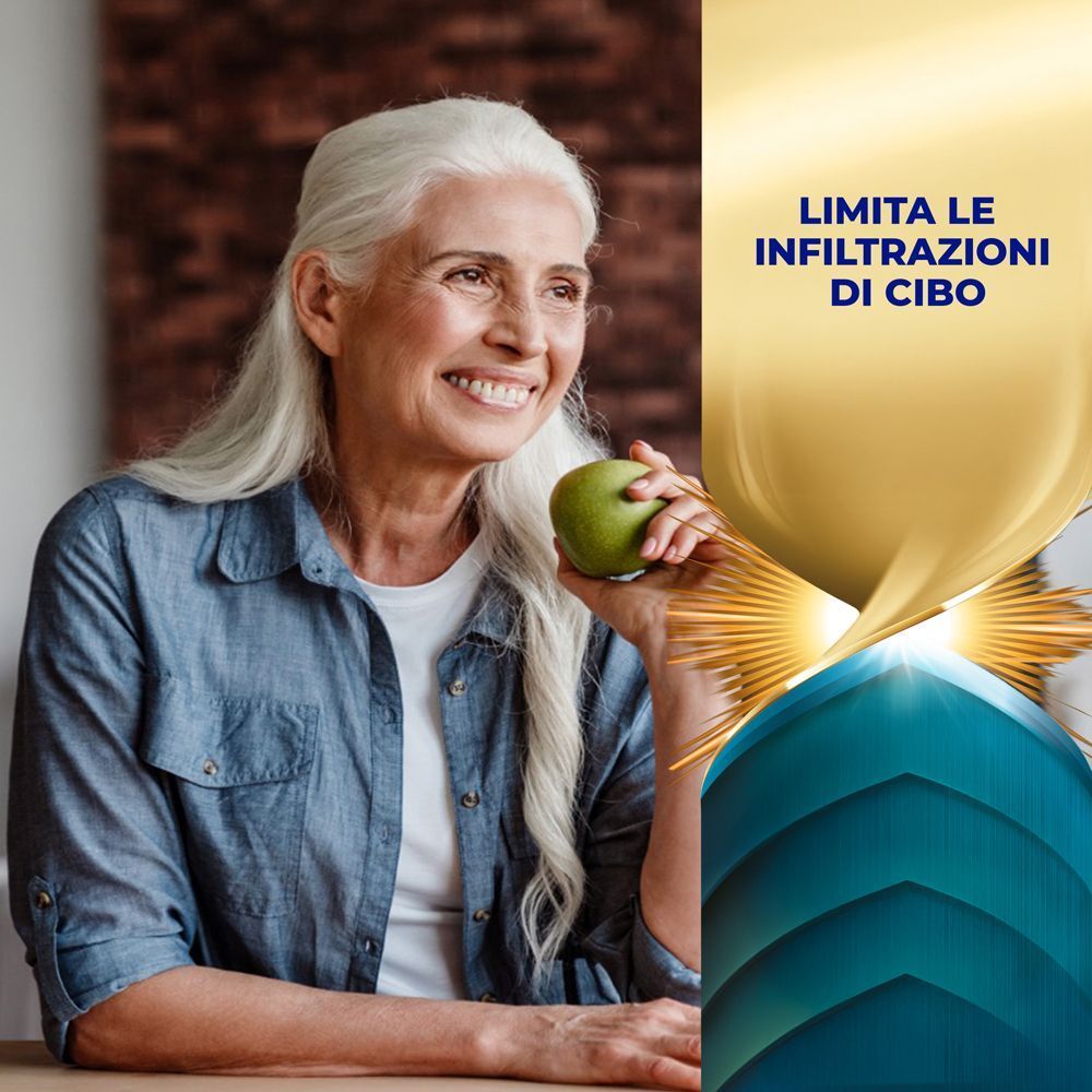 Donna con una mela. Testo: Limita le infiltrazioni di cibo. Sfondo oro e blu con un segno di spunta.