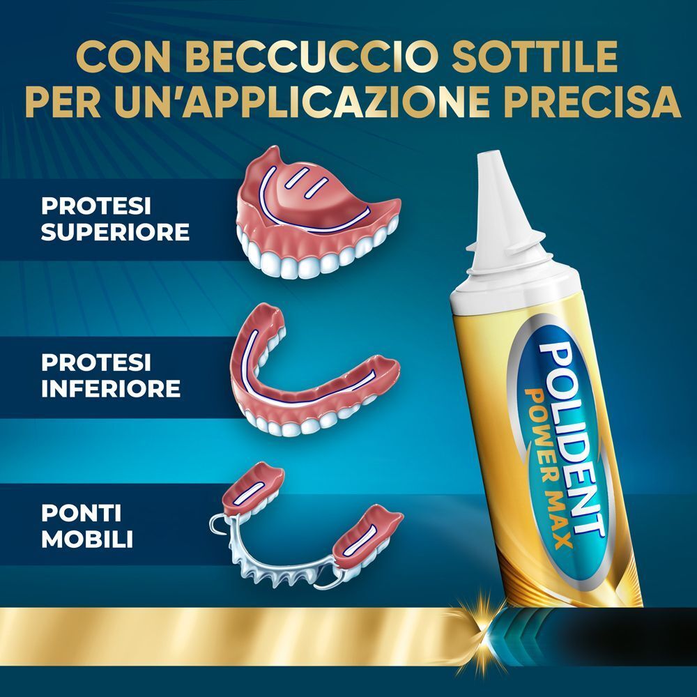 Protesi dentarie e tubetto. Testo: Polident Power Max. Con beccuccio sottile per un'applicazione precisa.