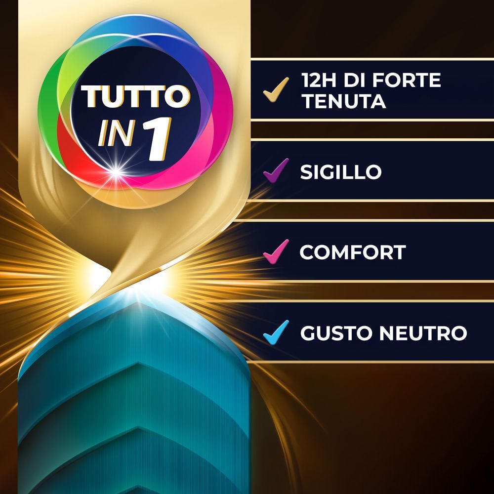 Testo: Tutto in 1. 12h di tenuta, sigillo, comfort, gusto neutro. Sfondo oro e blu.