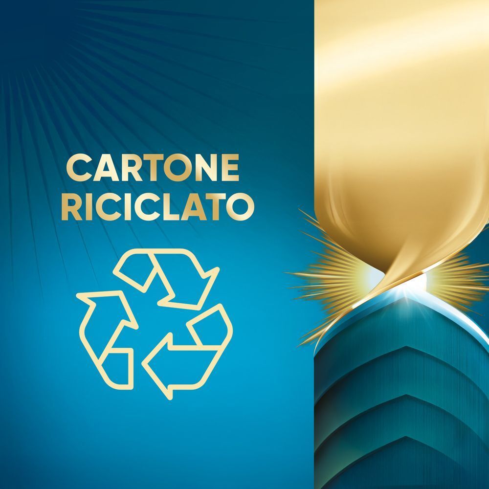 Testo: Cartone riciclato. Simboli di riciclaggio. Sfondo oro e blu con un segno di spunta.