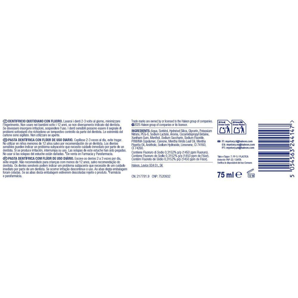 Retro del tubetto di dentifricio. Testo e ingredienti. 75 ml. Informazioni del produttore.