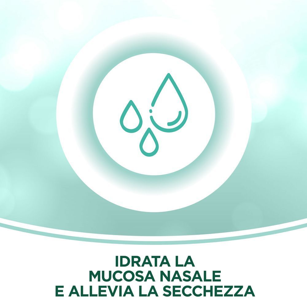Illustrazione circolare con gocce d'acqua. Testo: 'IDRATA LA MUCOSA NASALE E ALLEVIA LA SECCHEZZA' (Idrata la mucosa nasale e allevia la secchezza).