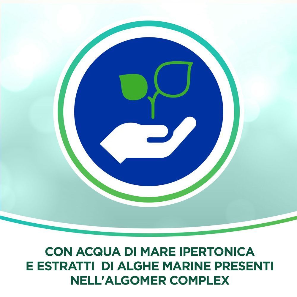 Illustrazione circolare con una mano che tiene una pianta. Testo: 'CON ACQUA DI MARE IPERTONICA E ESTRATTI DI ALGHE MARINE PRESENTI NELL'ALGOMER COMPLEX'.