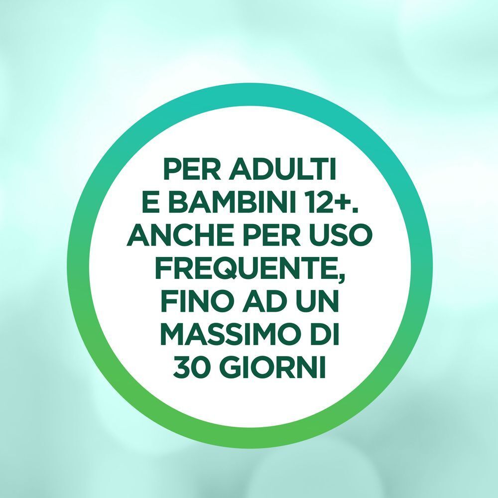 Illustrazione circolare con testo: 'PER ADULTI E BAMBINI 12+. ANCHE PER USO FREQUENTE, FINO AD UN MASSIMO DI 30 GIORNI' (Per adulti e bambini 12+).