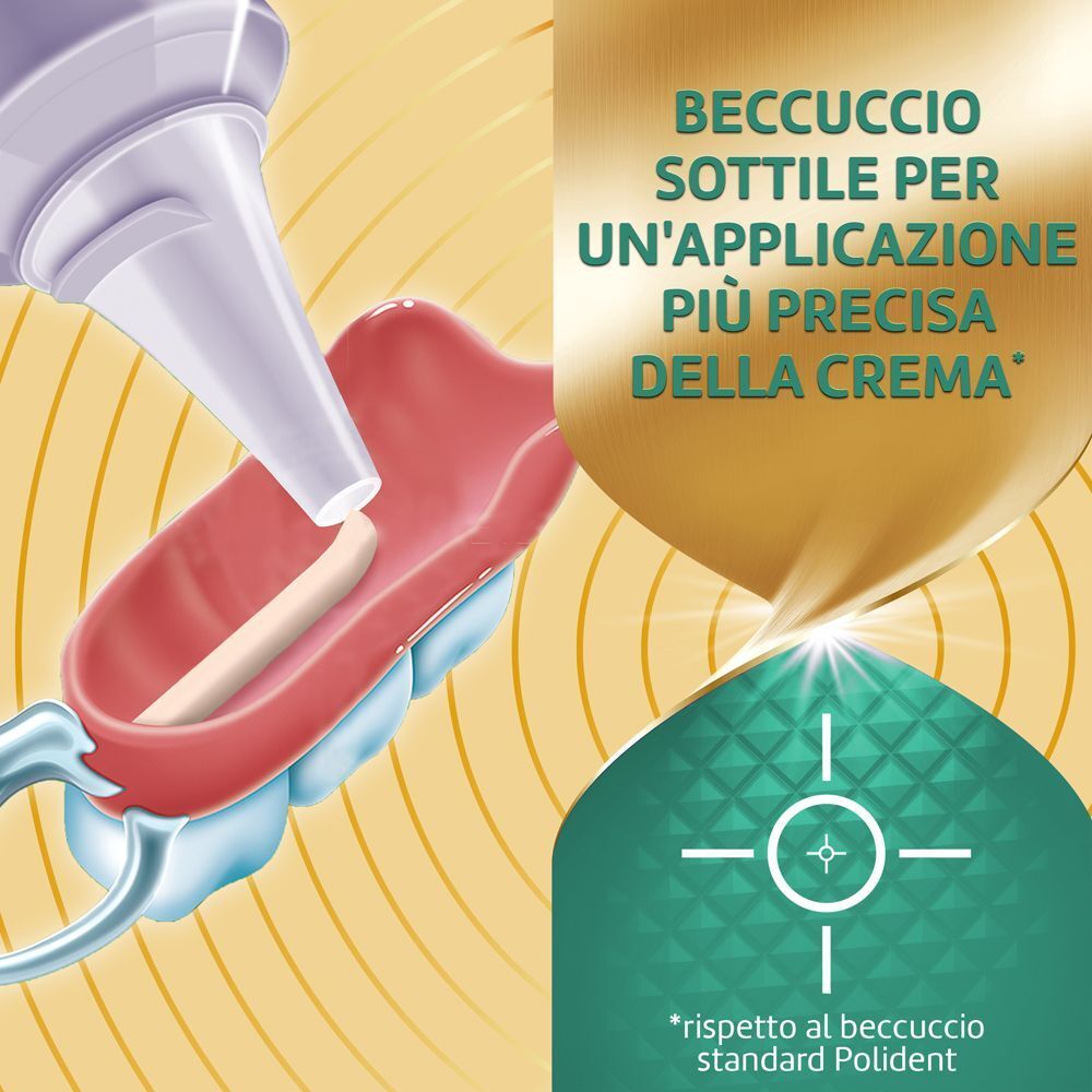 Primo piano di una protesi dentaria. Testo: BECCUCCIO SOTTILE PER UN'APPLICAZIONE PIÙ PRECISA DELLA CREMA. Applicatore.