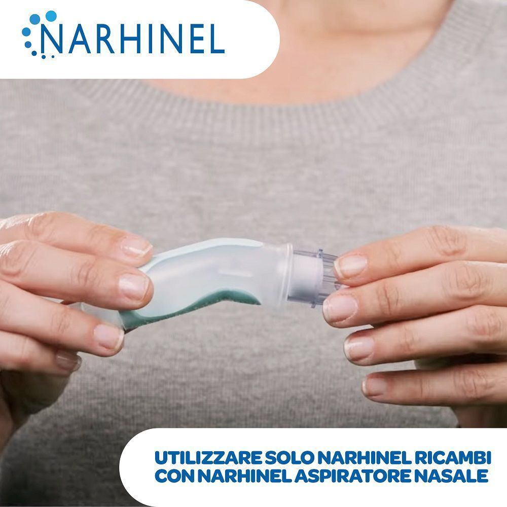 Primo piano di un aspiratore nasale Narhinel. Il testo indica l'uso dei ricambi Narhinel.