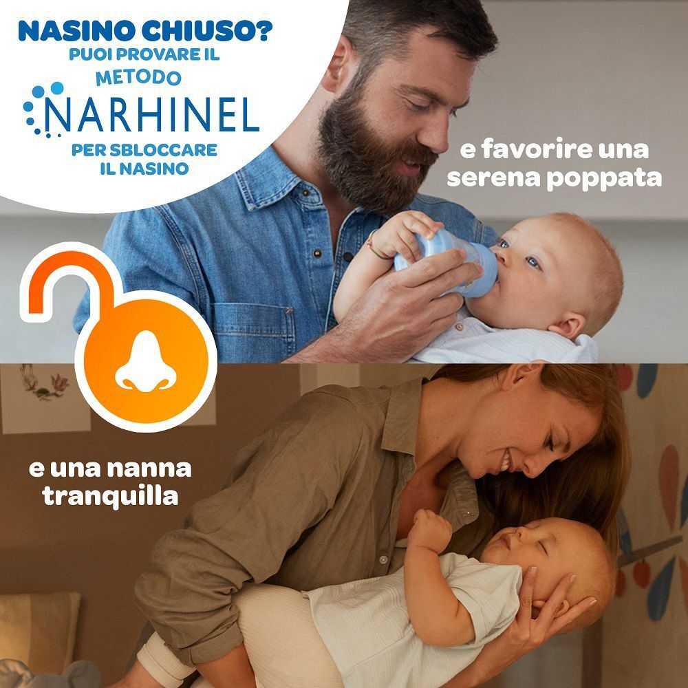 Un uomo nutre un bambino con un biberon, una donna tiene un bambino. Testo: Per un pasto sereno e un sonno tranquillo.