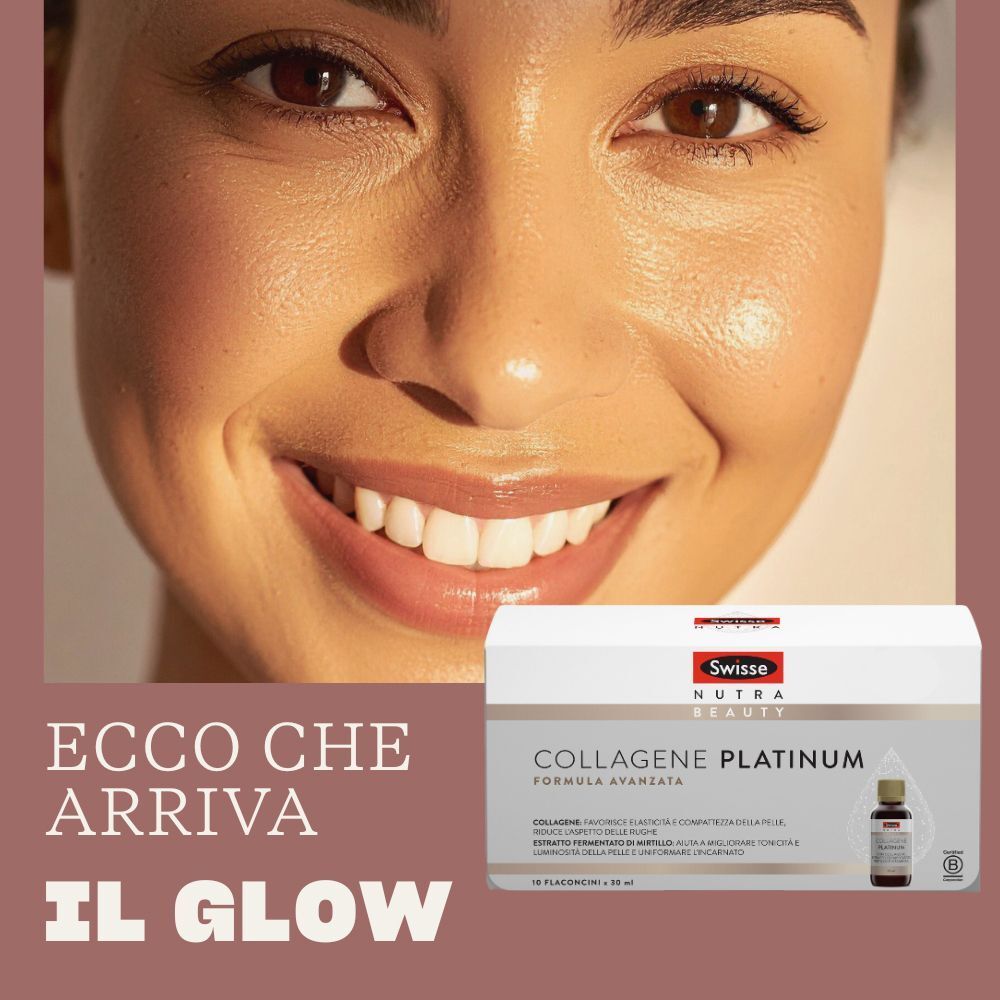 Donna sorridente. Accanto, confezione Swisse Collagene Platinum. Scritta: Collagene Platinum, 10 flaconcini x 30 ml.